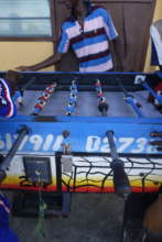 Playing foosball at the CH Hovde House