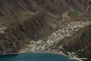 A devastated town on a hillside in Dominica