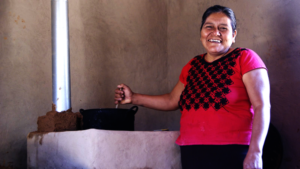 Happy with her wood-saving oven