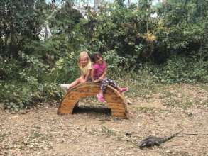 Friends are visited by an iguana.