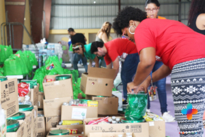 Volunteers organize food and supplies