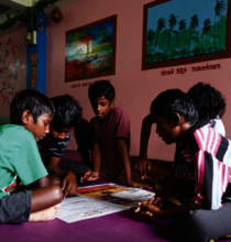 Boys learning and playing in one of our shelters