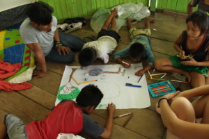 Children drawing deforestation and illegal logging
