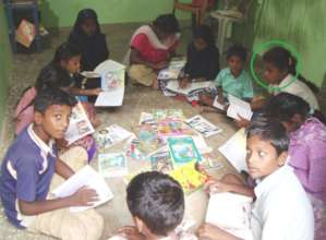 Mathi glimpsing through the books