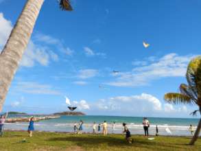 Children flying their kites by the ocean