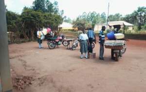 students exiting the Institute with packages