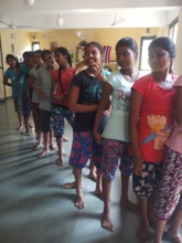 Girls in a queue for their checkup