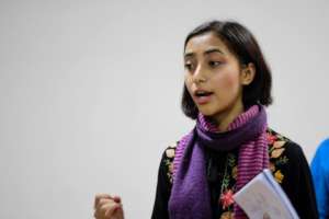 Anukriti explaining party's view of fellow voters