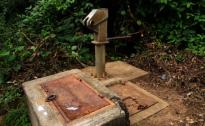 The broken hand pump which lies rusted and idle.