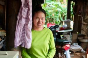 Leakhana at home with her new water filter