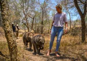 Adine taking Raekie and Mopane for a walk