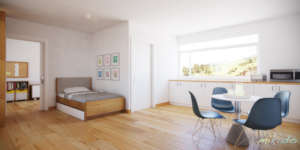 Model bedroom and dining area