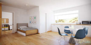 Model bedroom and dining area