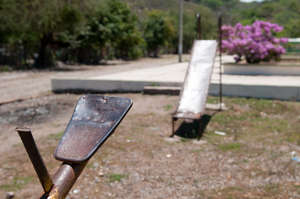 Metal see-saw with no seats, sits in Mexico sun