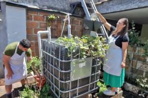 Guests feeding biodigester, collecting nutrients