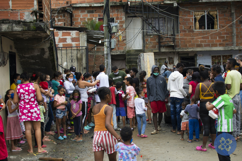 Families gathered for food distribution