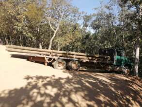 Cab off the road, flatbed of logs stuck