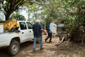 our truck heavily loaded arriving in the village