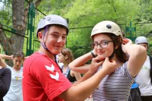 Campers getting ready to climb the alpine wall!
