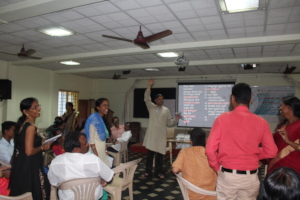 An animated discussion in the larger group