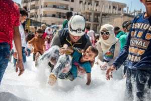 White Helmets Training at a Kid Friendly Zone