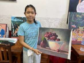 MS  SH age 14 holding her painting of grapes