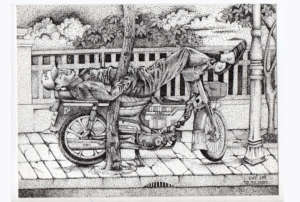 man sleeping on a motor bike 6-2017