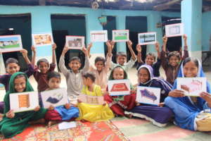 Children using flash cards
