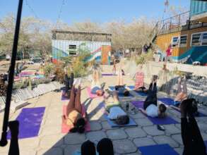 Staff and community members doing yoga