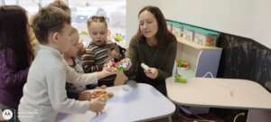 Irena with the children at the refugee camp