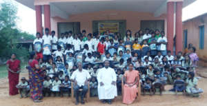 Children are happy with school bag,note books Etc