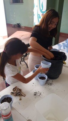 Girls decorating flower pots