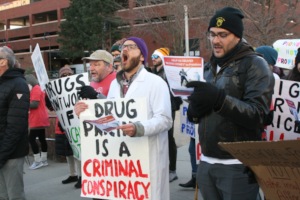 Activists chanting at Eli Lilly protest