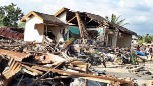 Houses damaged by earthquake and tsunami