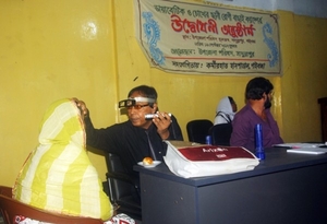 Eye Specialist Examining a Patient in a Camp