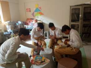 Students setting up the library space