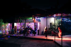 Twinkling lights set up around the hostels