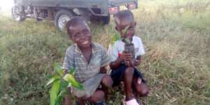 Children not working but happy showing seedlings