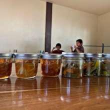 Pickle pumpkins, papaya and orange jam