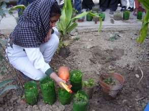 a student uses a spray bottle to nurture her plant
