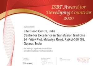 Excellence Certificate awarded by ISBT, Amsterdam