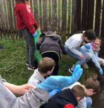 Rubbish picking by a stream