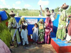 Women Filling Pots with Water from Green Farm