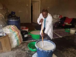 Dickson has made 1,250 bottles of soap at home