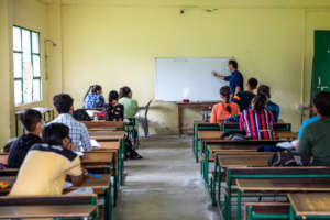 Socially distanced classes in school.