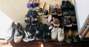 Shoes lined up outside our exercise venue.