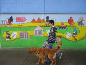 Binomio walking on the sidewalk