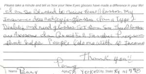 Note from Kentucky Recipient of New Eyes glasses
