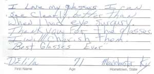 Note from Kentucky Recipient of New Eyes glasses