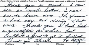 A note from a New Eyes' eyeglasses recipient